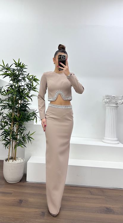 Vizon Beli İşlemeli Abiye Takım