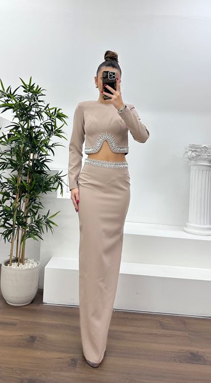 Vizon Beli İşlemeli Abiye Takım