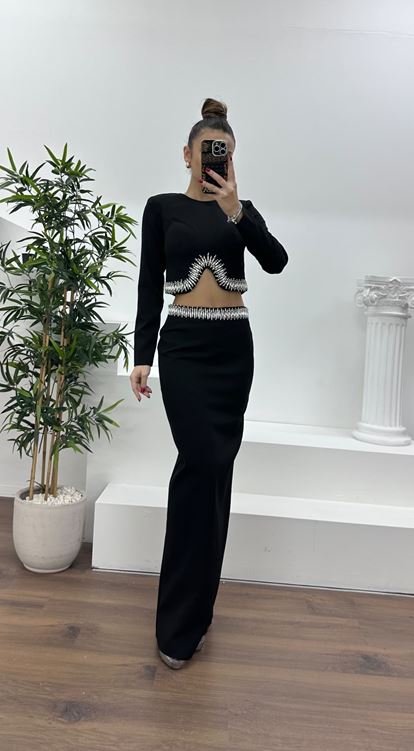 Siyah Beli İşlemeli Abiye Takım