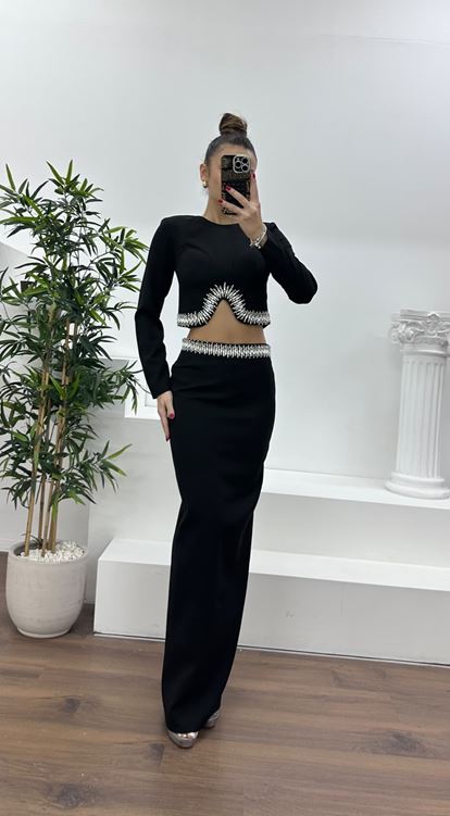 Siyah Beli İşlemeli Abiye Takım