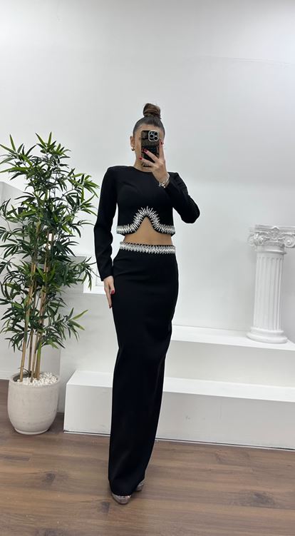 Siyah Beli İşlemeli Abiye Takım