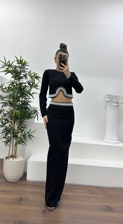 Siyah Beli İşlemeli Abiye Takım