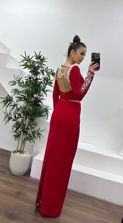 Rotes, perlenbesetztes Abendkleid-Set