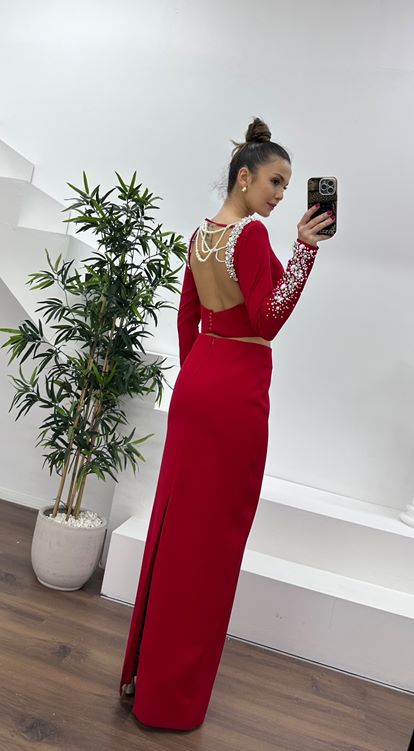 Rotes, perlenbesetztes Abendkleid-Set