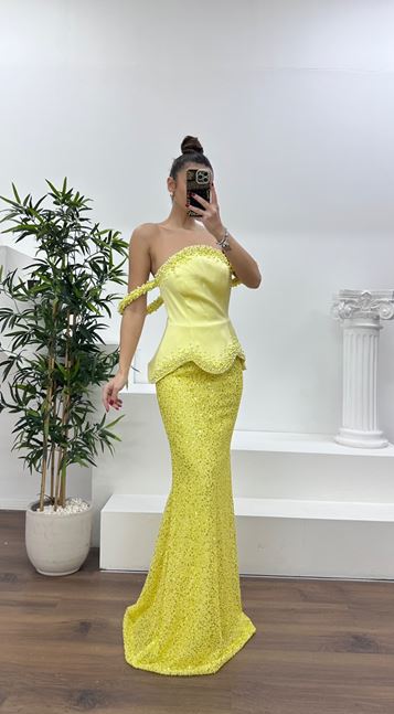 Yellow Straps Beaded Evening Dress