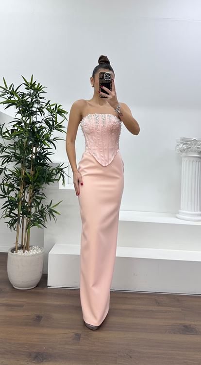 Somon Straplez İşleme Detay Abiye Elbise