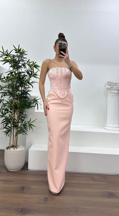 Somon Straplez İşleme Detay Abiye Elbise