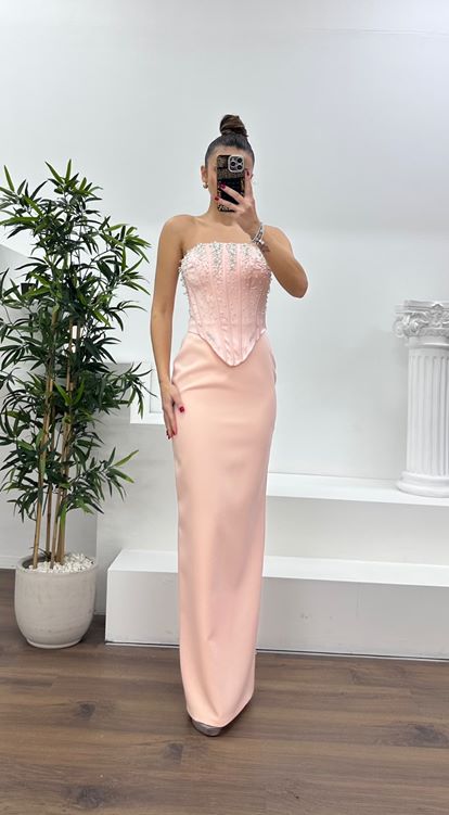 Somon Straplez İşleme Detay Abiye Elbise