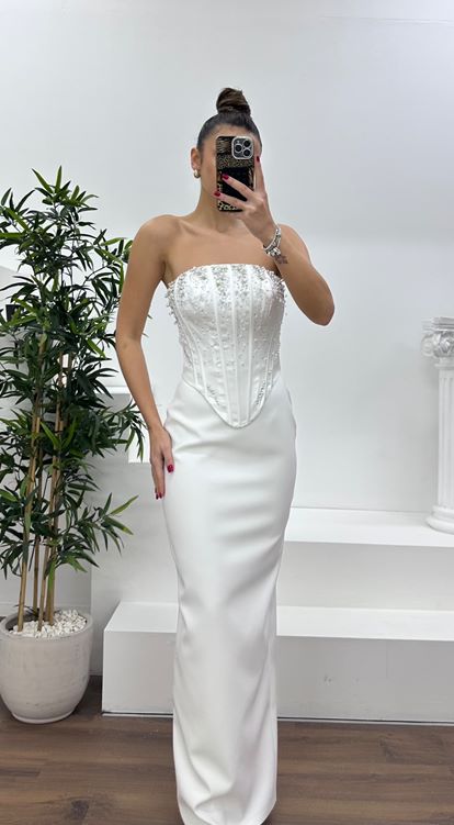 Kemik Straplez İşleme Detay Abiye Elbise