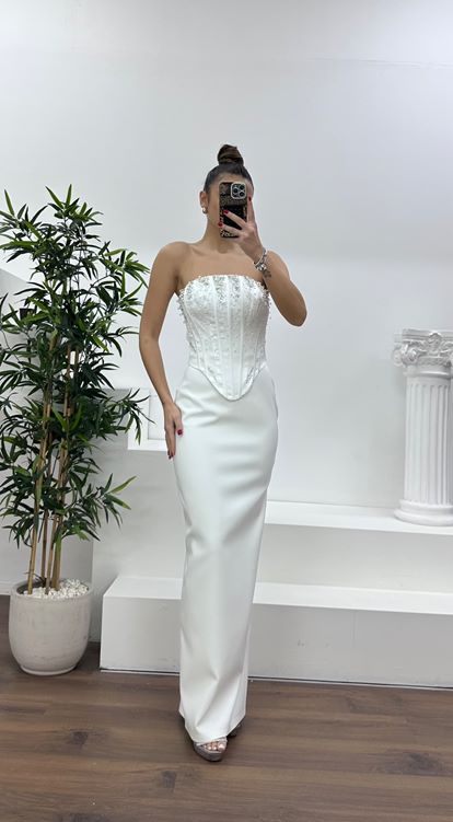 Kemik Straplez İşleme Detay Abiye Elbise