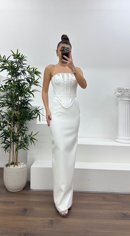 Kemik Straplez İşleme Detay Abiye Elbise