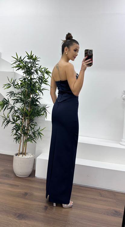 Lacivert Straplez İşleme Detay Abiye Elbise