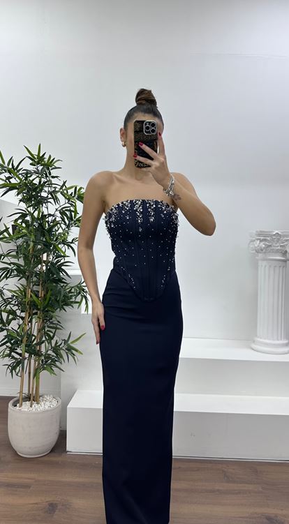 Lacivert Straplez İşleme Detay Abiye Elbise