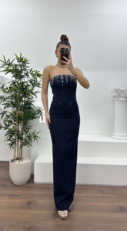 Lacivert Straplez İşleme Detay Abiye Elbise