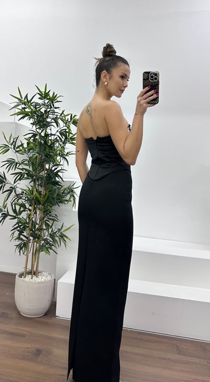 Siyah Straplez İşleme Detay Abiye Elbise