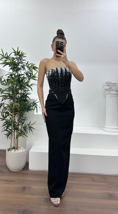 Siyah Straplez İşleme Detay Abiye Elbise