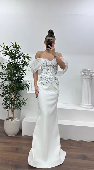 Bone Boat Neck Evening Dress with Stone Embellishments