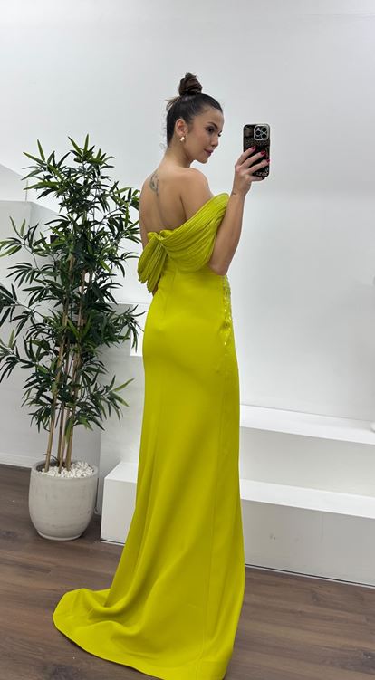 فستان سهرة بلون الفستق الأخضر بياقة قارب وتفاصيل من الأحجار