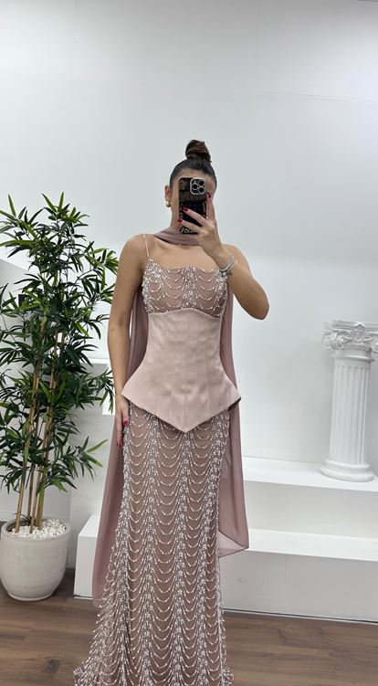 Cappuccino Straplez Korse Detay İşlemeli Abiye Elbise