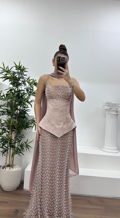 Cappuccino Straplez Korse Detay İşlemeli Abiye Elbise