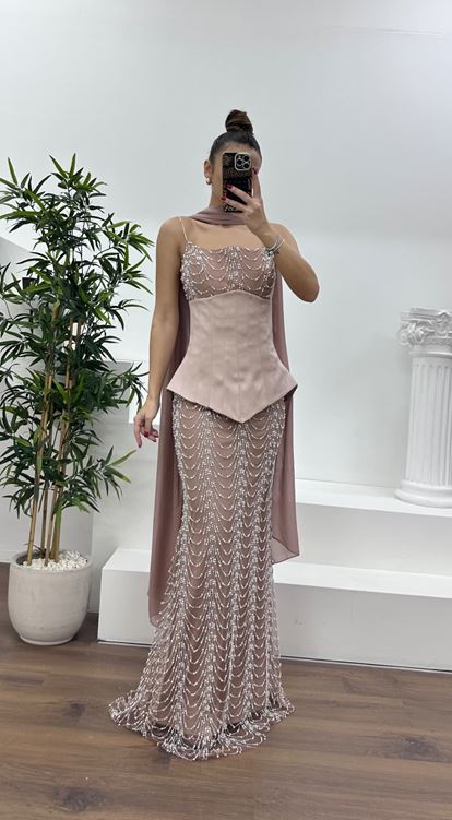 Cappuccino Straplez Korse Detay İşlemeli Abiye Elbise