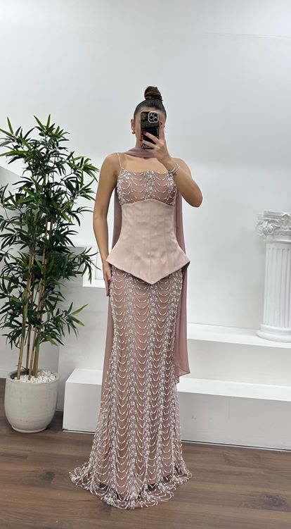 Cappuccino Straplez Korse Detay İşlemeli Abiye Elbise