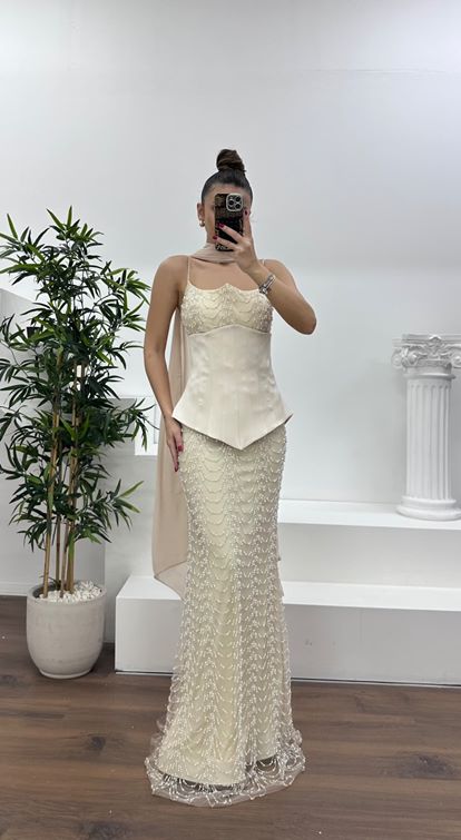 Bej Straplez Korse Detay İşlemeli Abiye Elbise