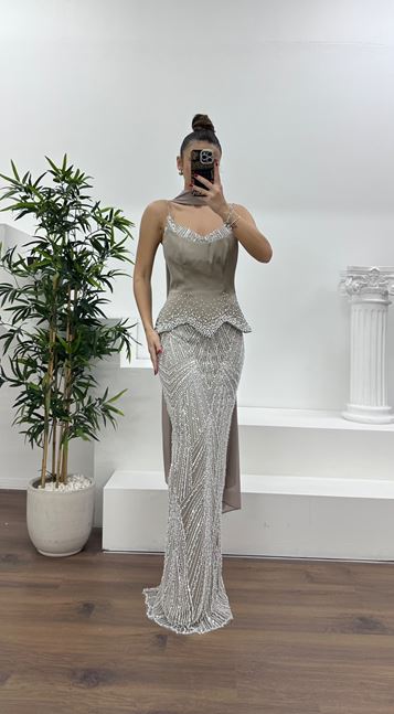 Stone-Strapped Evening Dress with Pearl and Sequin Embellishments