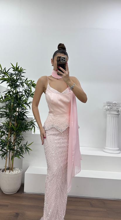 Pudra Askılı İnci Ve Payet İşlemeli Abiye Elbise