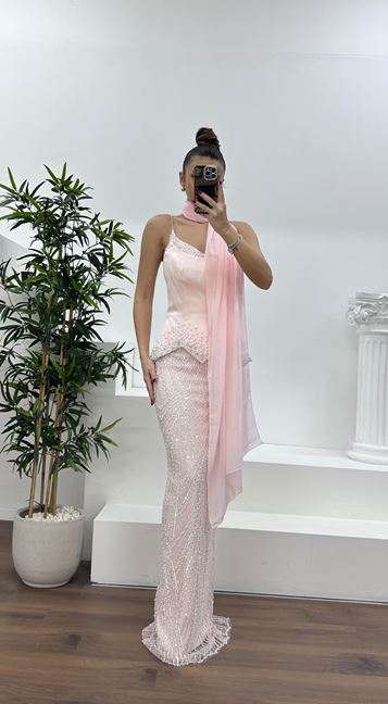 Powder Pink Strappy Evening Dress with Pearl and Sequin Embellishments