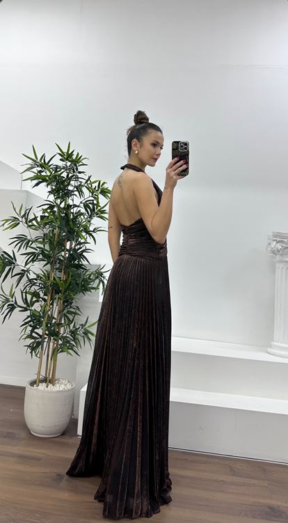 Bakır Halter Yaka Simli Piliseli Abiye Elbise