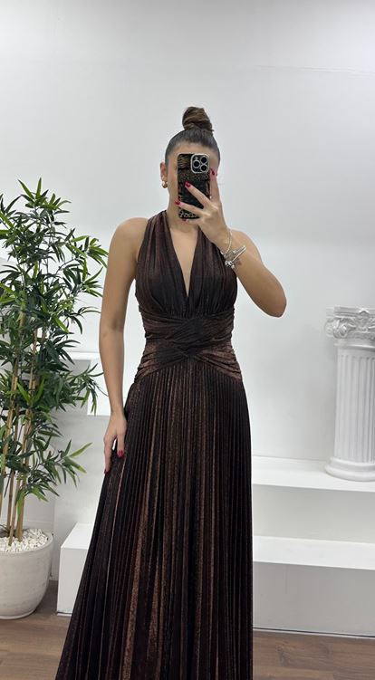 Bakır Halter Yaka Simli Piliseli Abiye Elbise