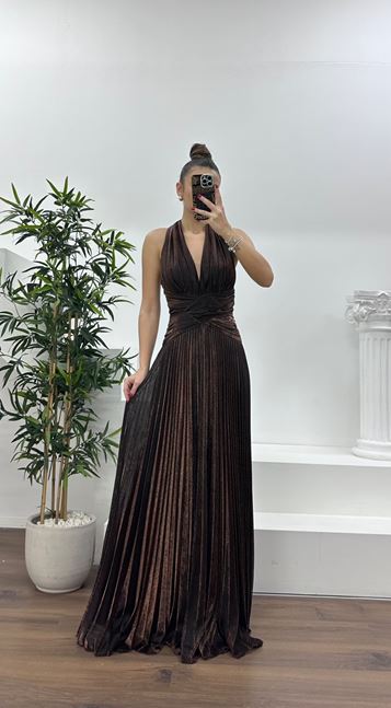 Copper Halter Neck Glittery Pleated Evening Dress
