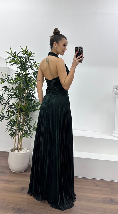 Zümrüt Halter Yaka Simli Piliseli Abiye Elbise