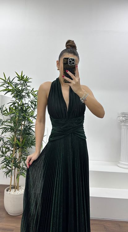 Zümrüt Halter Yaka Simli Piliseli Abiye Elbise