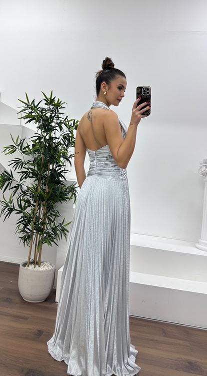 Gümüş Halter Yaka Simli Piliseli Abiye Elbise