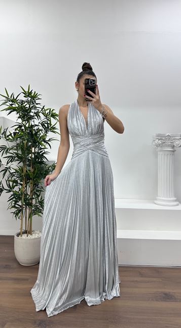 Silver Halter Neck Glittery Pleated Evening Dress
