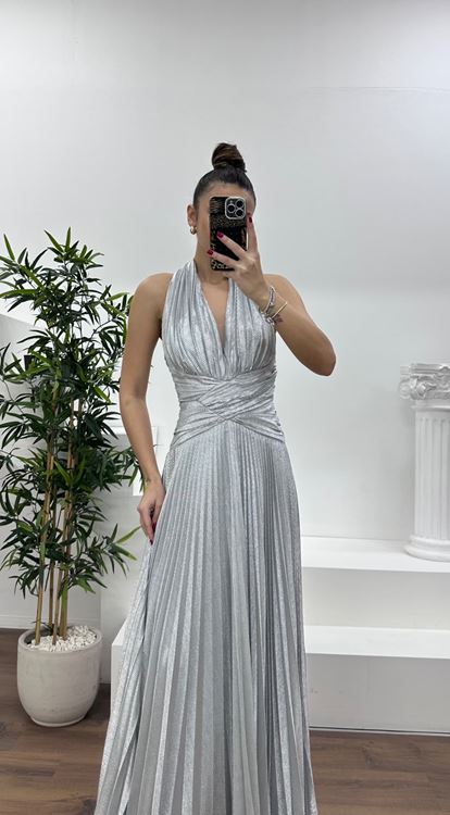 Gümüş Halter Yaka Simli Piliseli Abiye Elbise