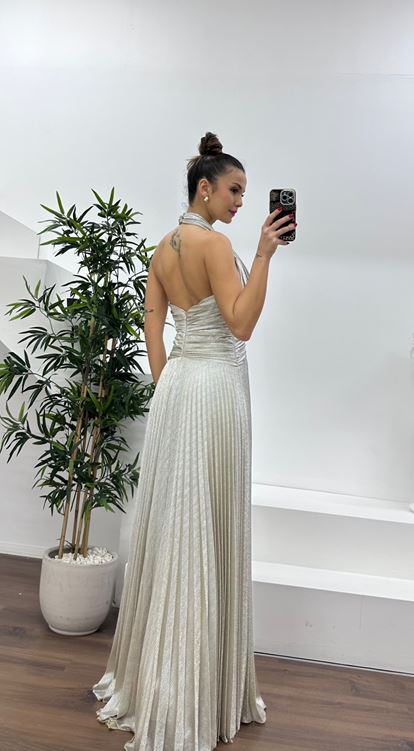 Gold Halter Yaka Simli Piliseli Abiye Elbise