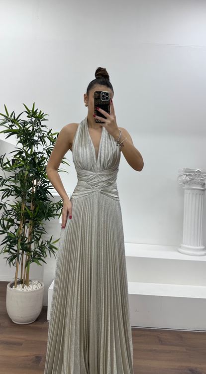 Gold Halter Yaka Simli Piliseli Abiye Elbise