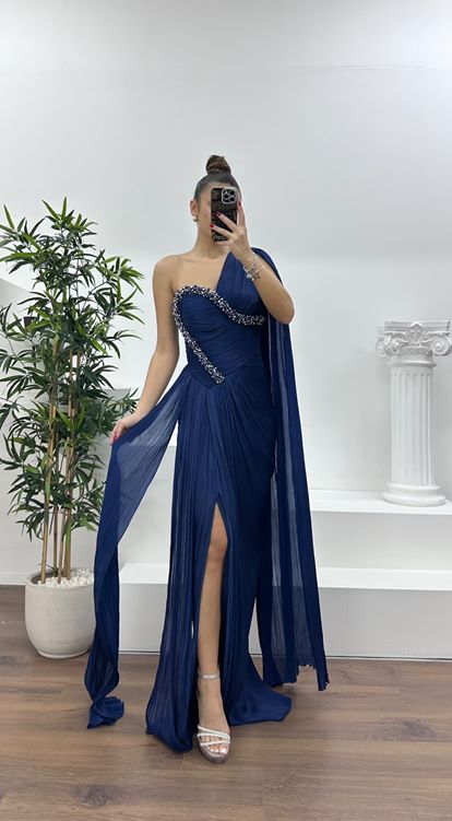 Lacivert Tek Omuz İnci İşlemeli Şifon Abiye Elbise
