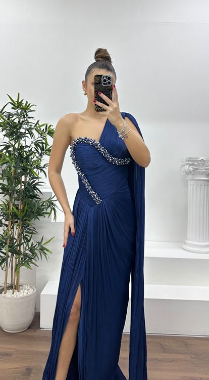 Lacivert Tek Omuz İnci İşlemeli Şifon Abiye Elbise