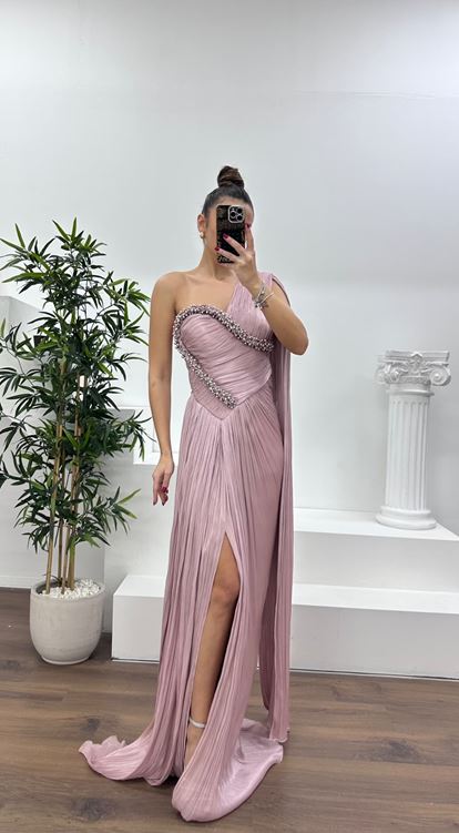 Gül Kurusu Tek Omuz İnci İşlemeli Şifon Abiye Elbise