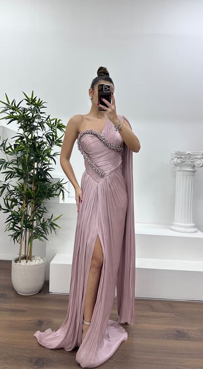 Gül Kurusu Tek Omuz İnci İşlemeli Şifon Abiye Elbise