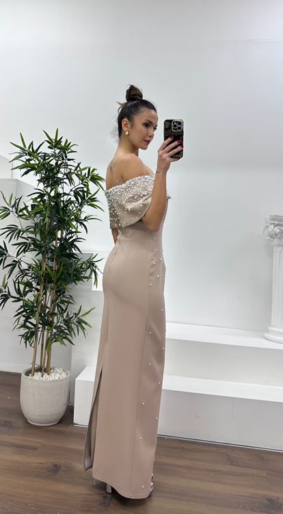 Vizon Kayık Yaka İnci Detaylı Abiye Elbise