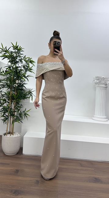 Mink Boat Neck Evening Dress with Pearl Details