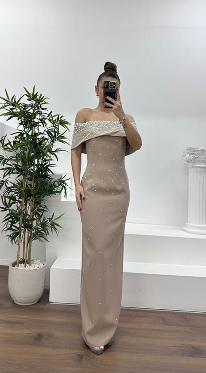 Vizon Kayık Yaka İnci Detaylı Abiye Elbise