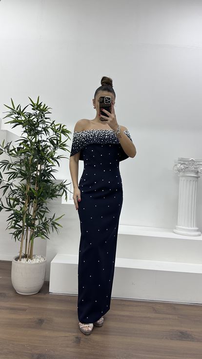 Lacivert Kayık Yaka İnci Detaylı Abiye Elbise