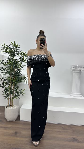 Black Boat Neck Evening Dress with Pearl Details