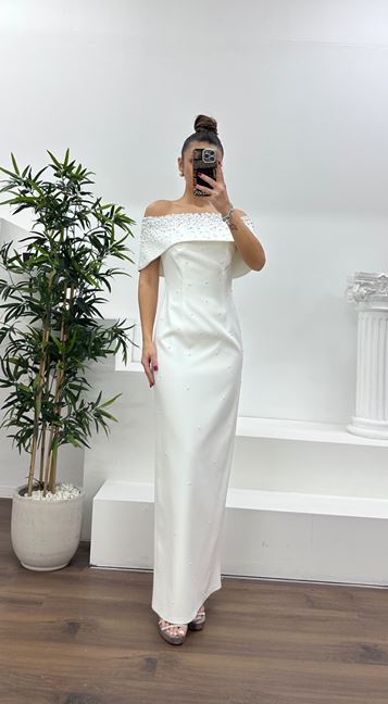 Kemik Kayık Yaka İnci Detaylı Abiye Elbise